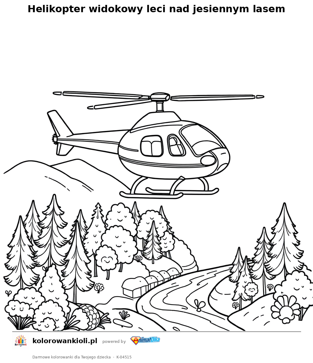 Helikopter widokowy leci nad jesiennym lasem — kolorowanka do wydruku dla dzieci