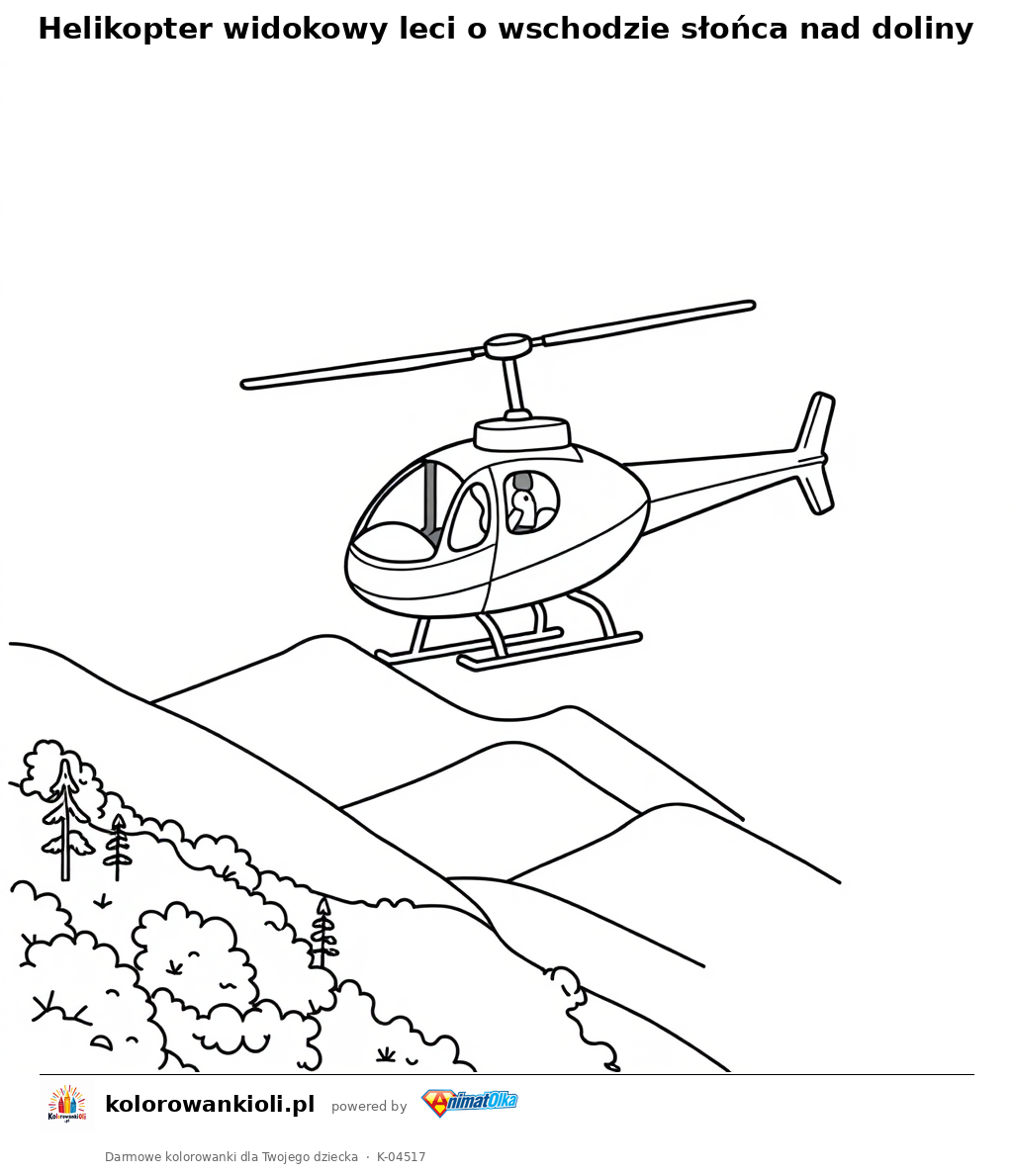 Helikopter widokowy leci o wschodzie słońca nad doliny — kolorowanka do wydruku dla dzieci