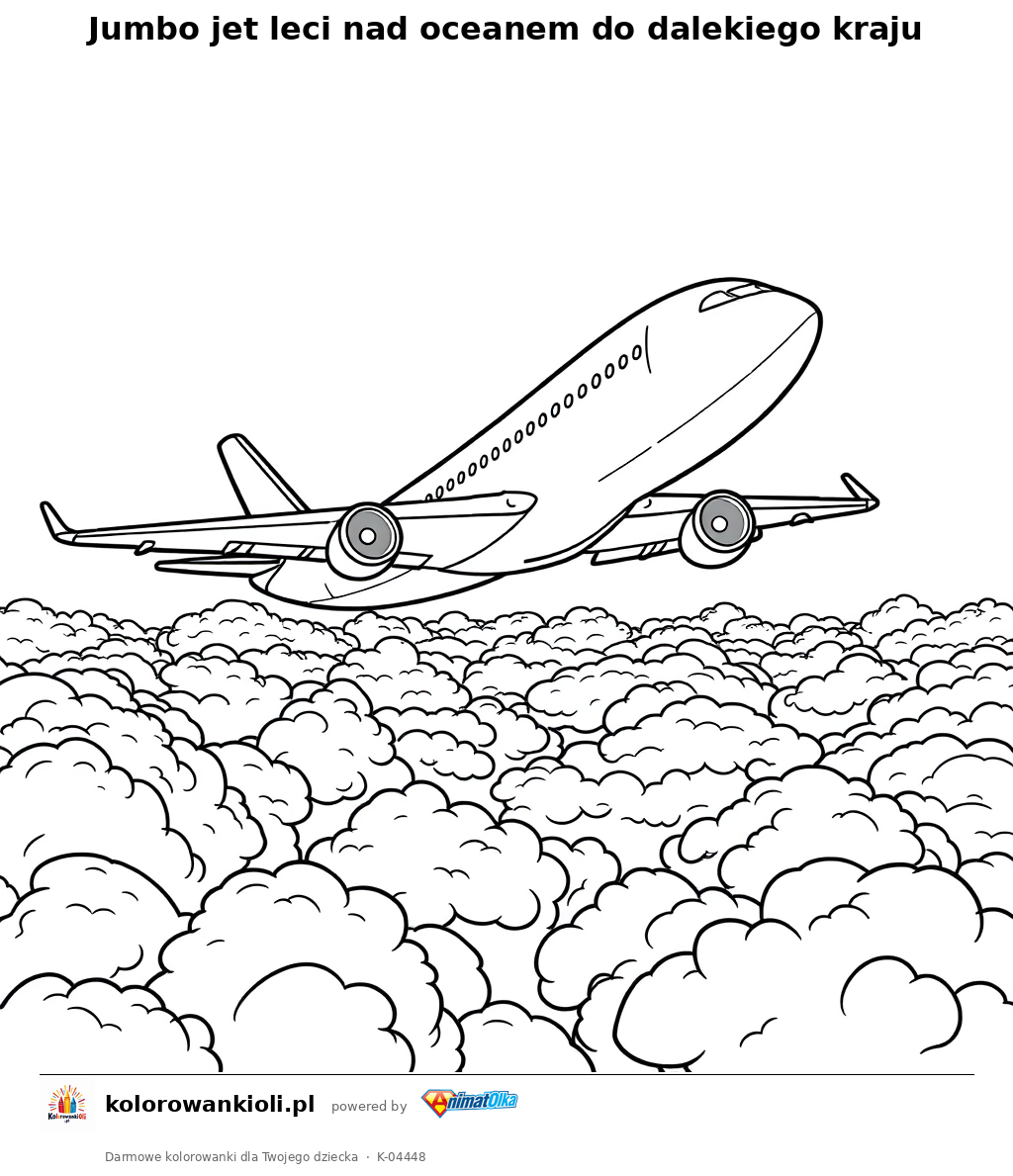 Jumbo jet leci nad oceanem do dalekiego kraju — kolorowanka do wydruku dla dzieci
