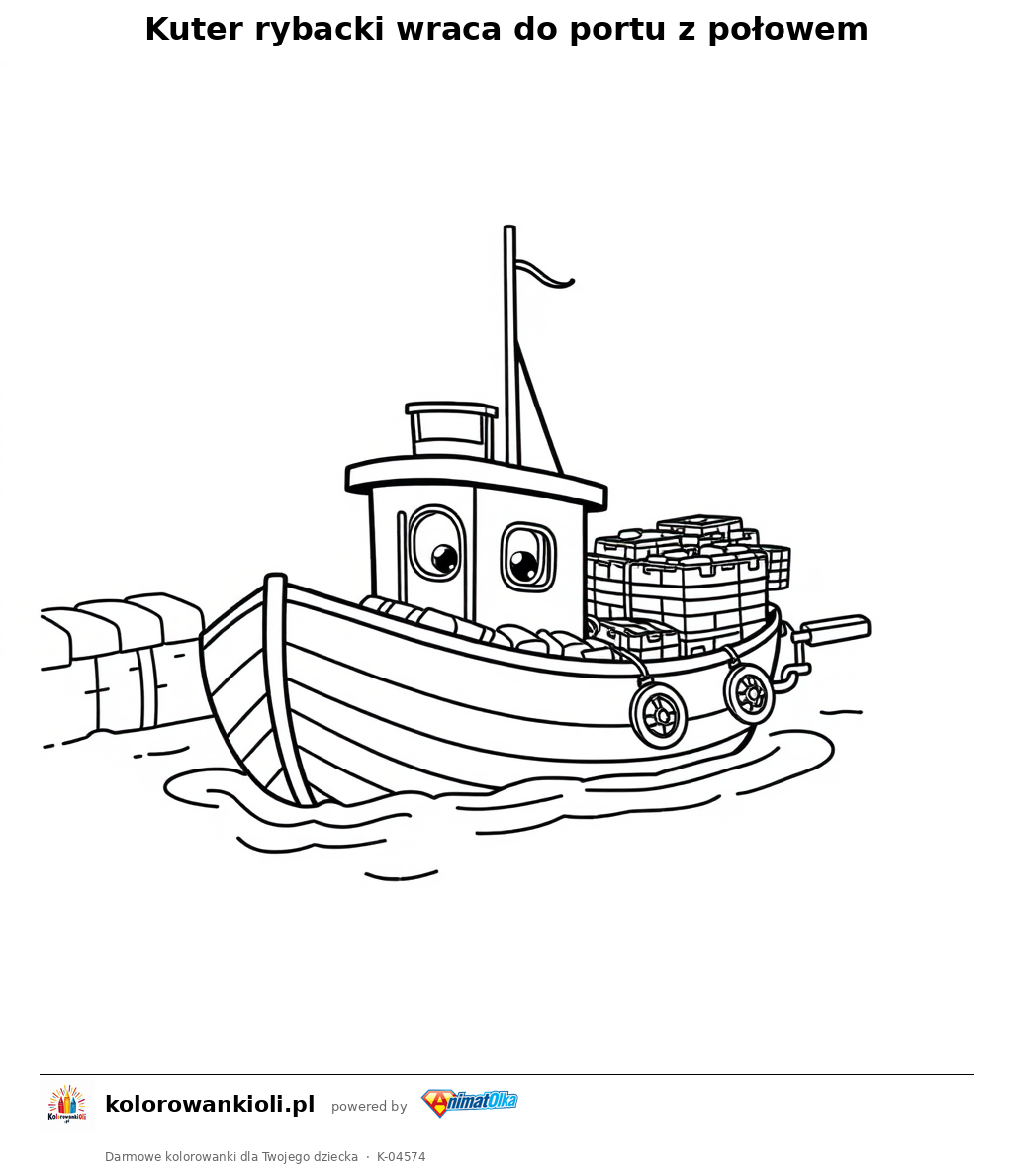 Kuter rybacki wraca do portu z połowem — kolorowanka do wydruku dla dzieci