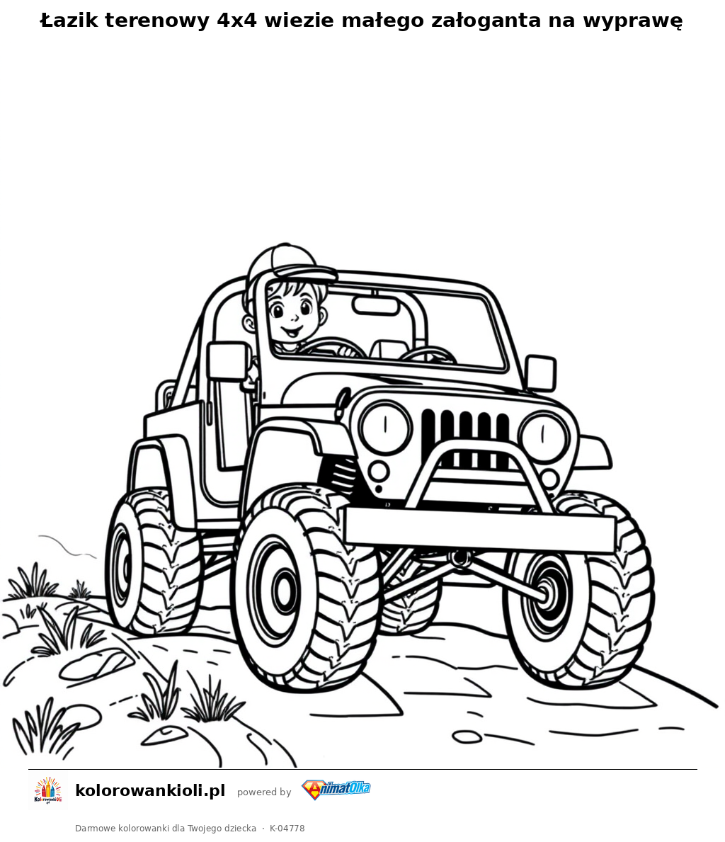 Łazik terenowy 4x4 wiezie małego załoganta na wyprawę — kolorowanka do wydruku dla dzieci