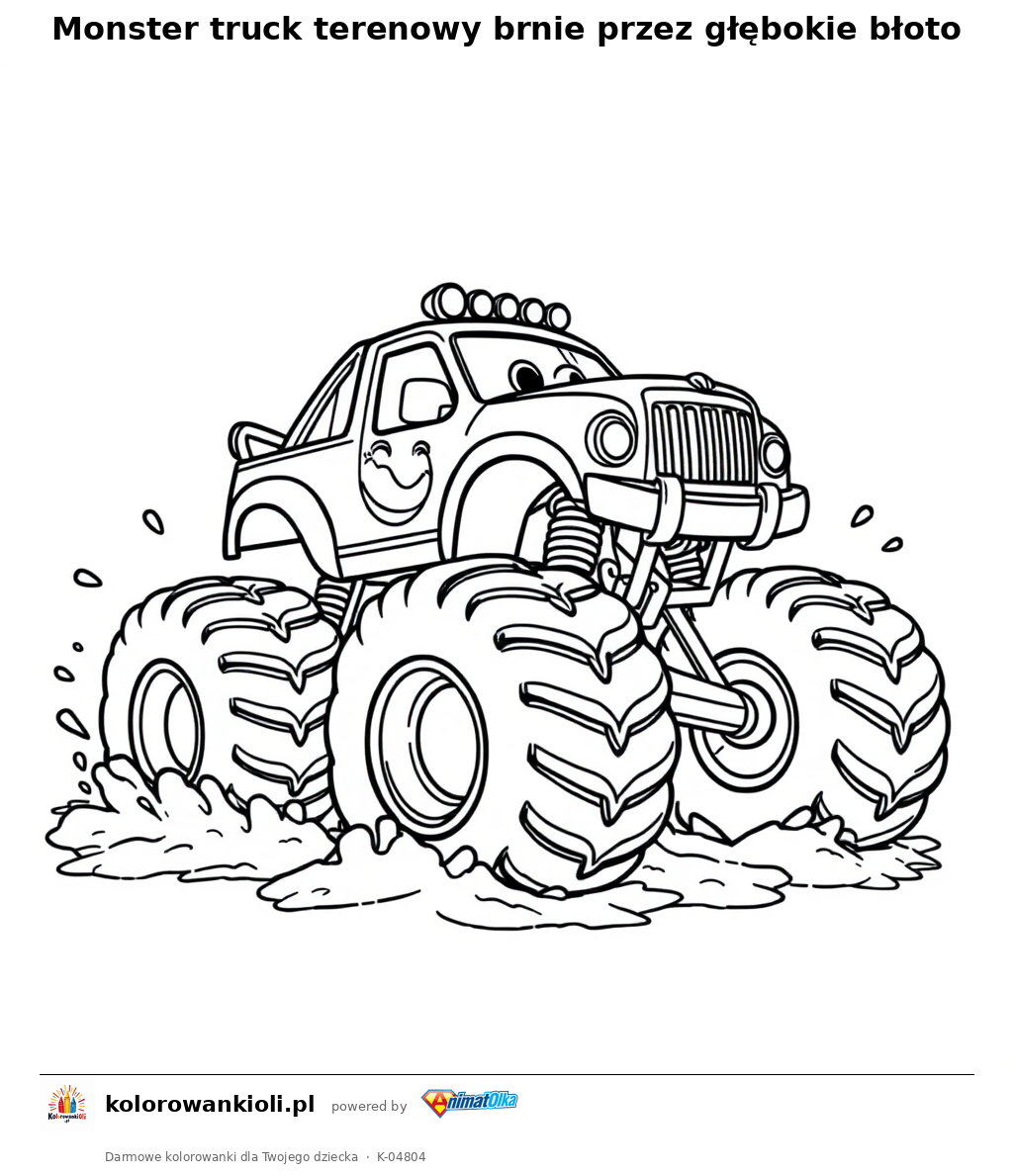 Monster truck terenowy brnie przez głębokie błoto — kolorowanka do wydruku dla dzieci