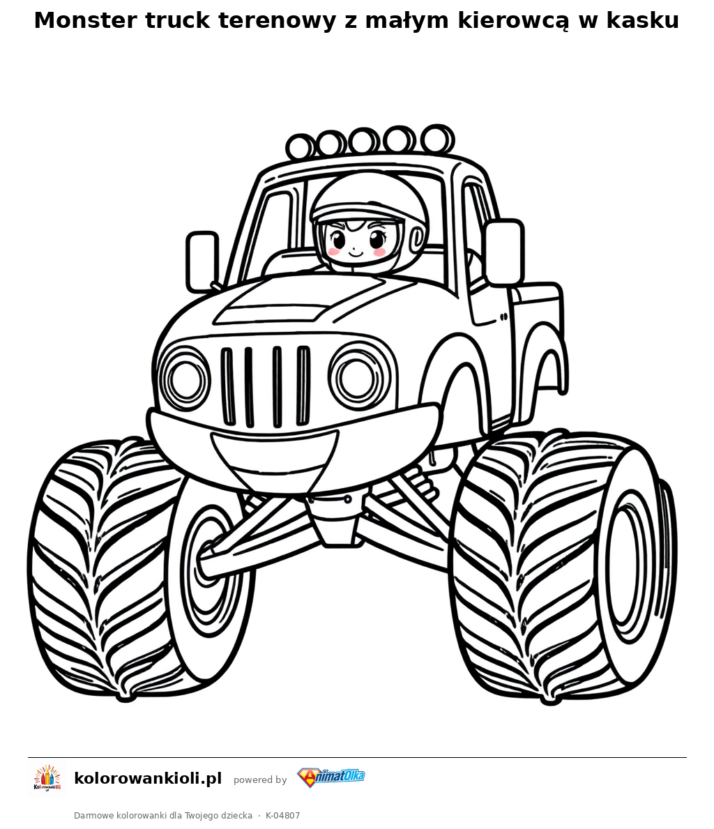 Monster truck terenowy z małym kierowcą w kasku — kolorowanka do wydruku dla dzieci