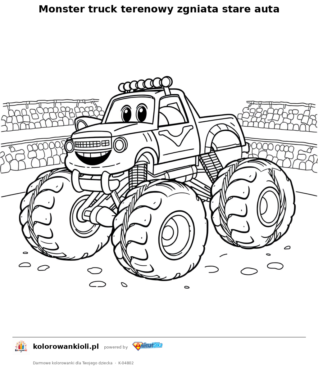 Monster truck terenowy zgniata stare auta — kolorowanka do wydruku dla dzieci