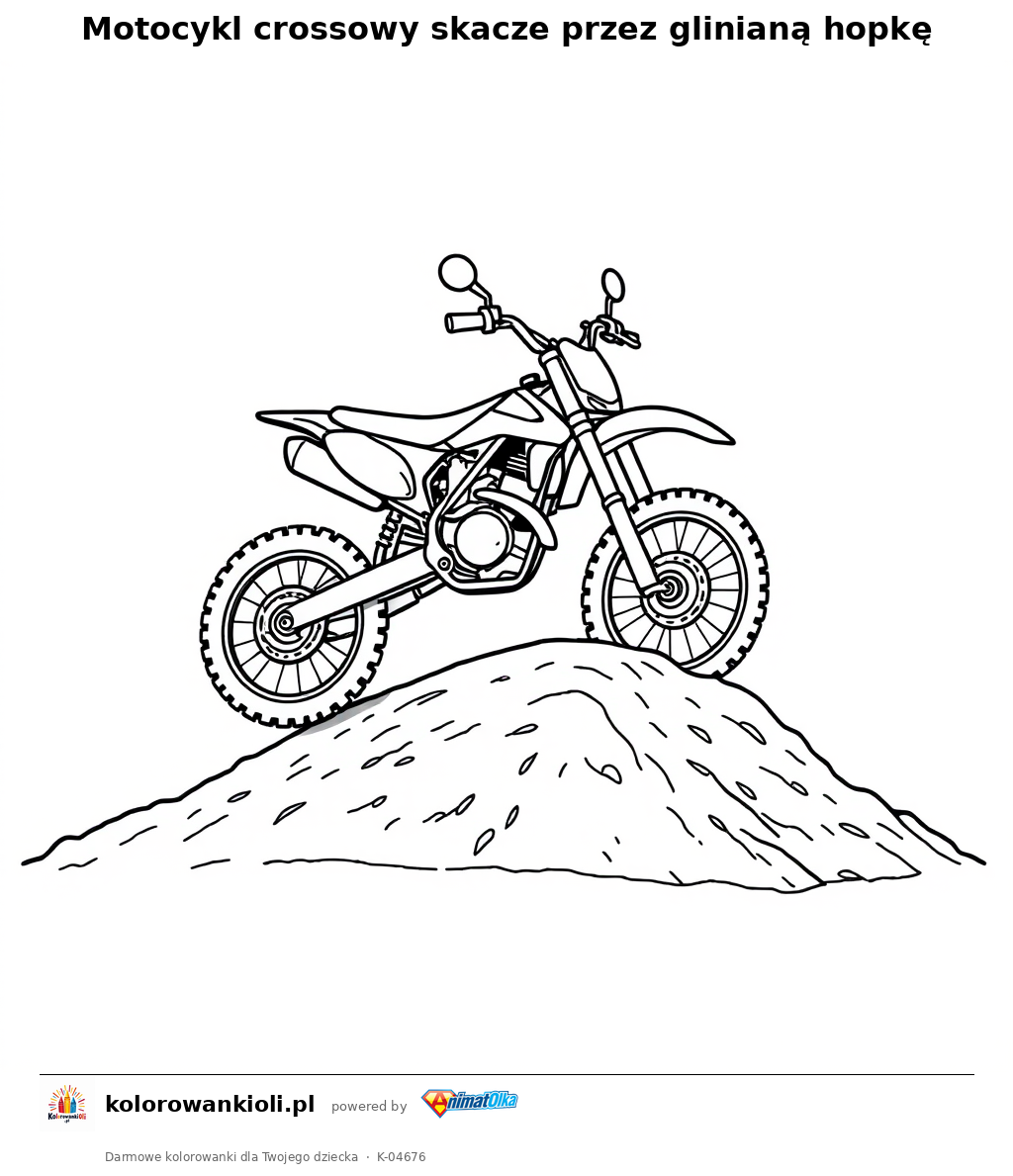 Motocykl crossowy skacze przez glinianą hopkę — kolorowanka do wydruku dla dzieci