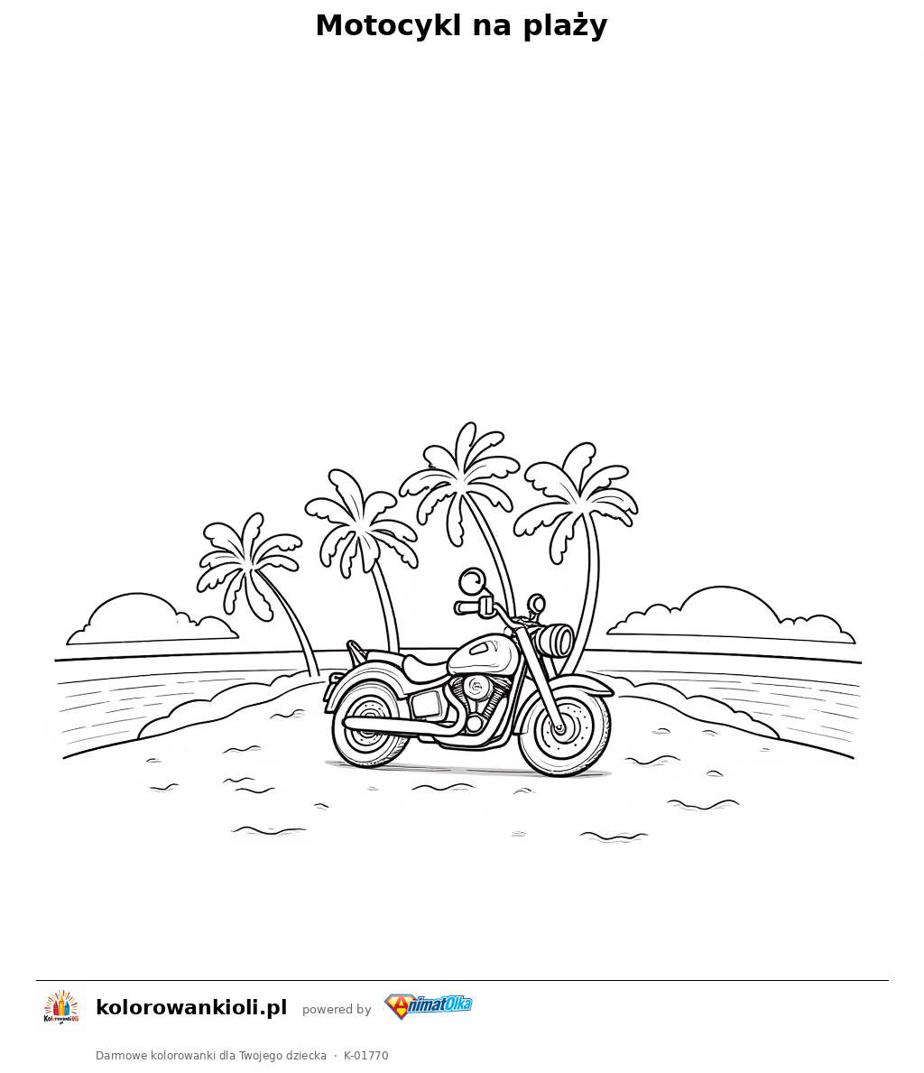Motocykl na plaży — kolorowanka do wydruku dla dzieci