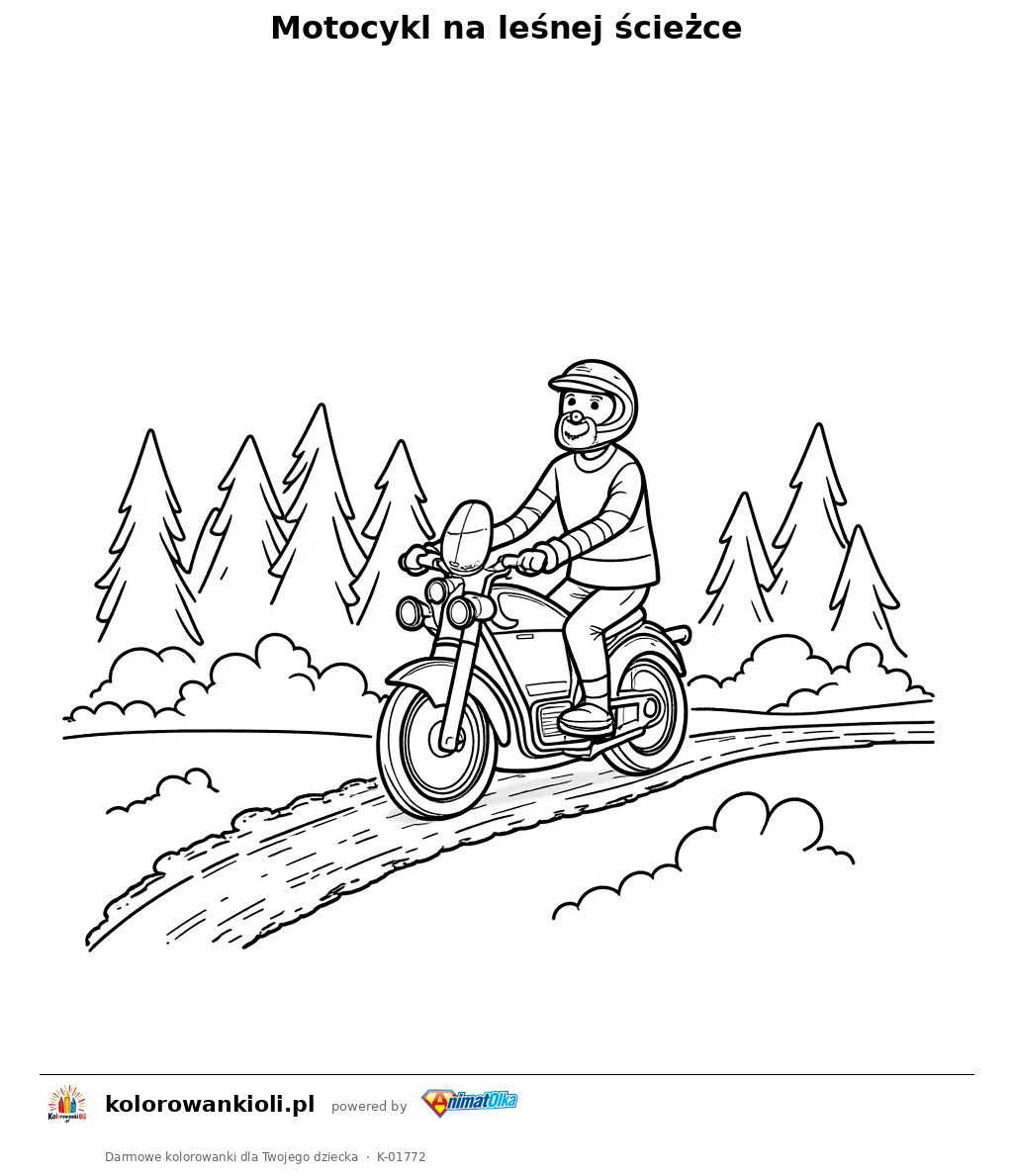 Motocykl na leśnej ścieżce — kolorowanka do wydruku dla dzieci