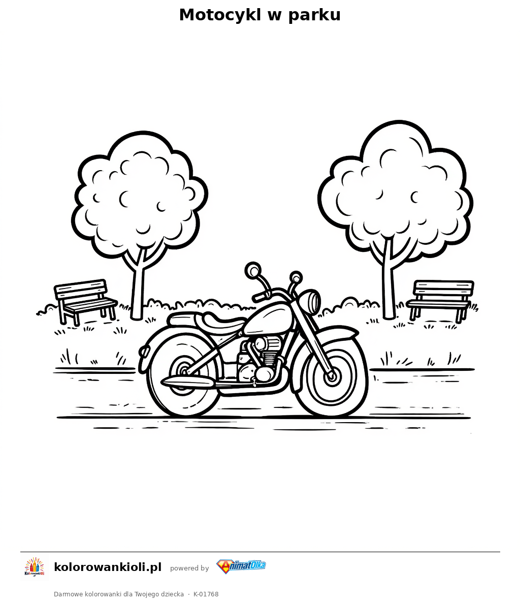 Motocykl w parku — kolorowanka do wydruku dla dzieci