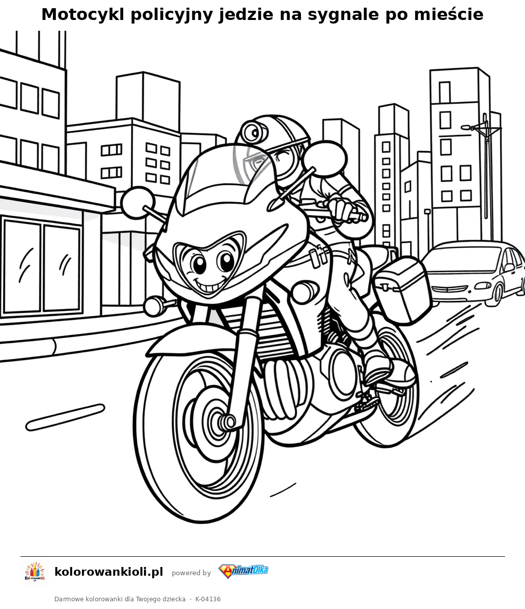 Motocykl policyjny jedzie na sygnale po mieście — kolorowanka do wydruku dla dzieci