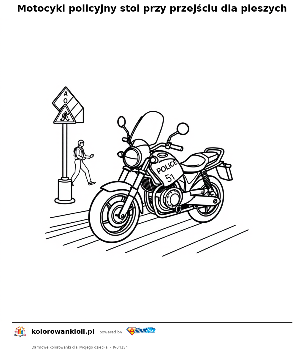 Motocykl policyjny stoi przy przejściu dla pieszych — kolorowanka do wydruku dla dzieci