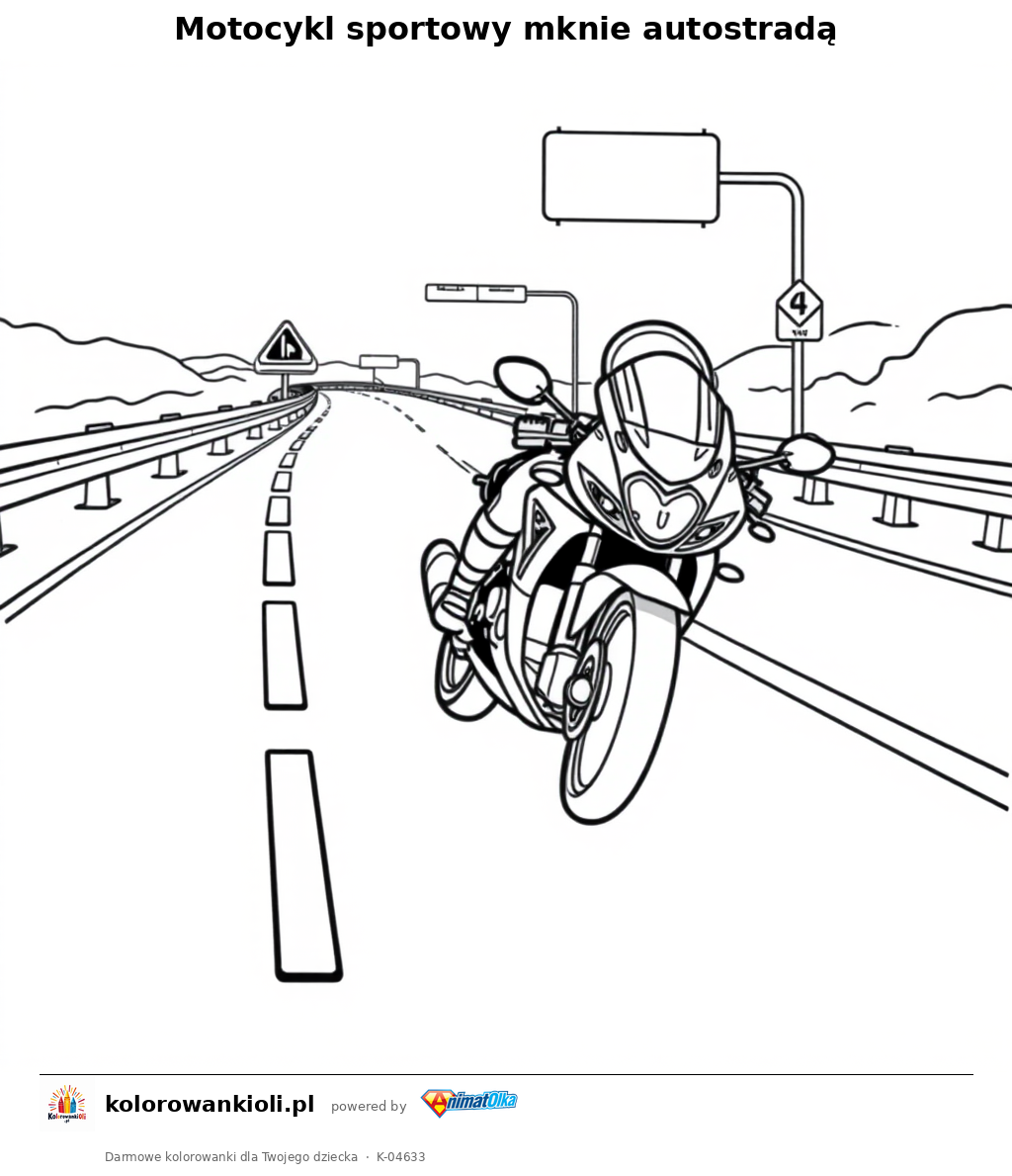 Motocykl sportowy mknie autostradą — kolorowanka do wydruku dla dzieci