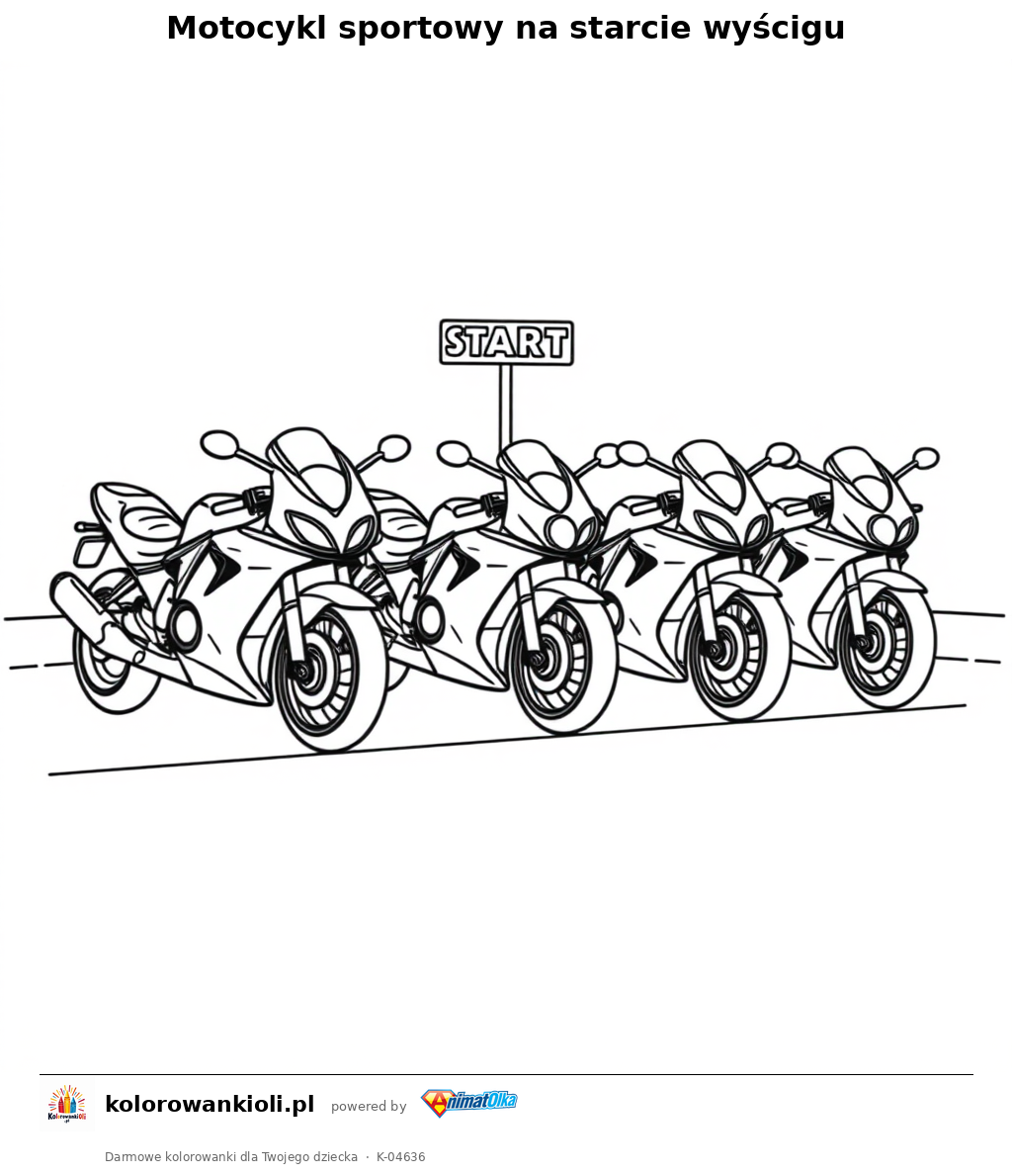Motocykl sportowy na starcie wyścigu — kolorowanka do wydruku dla dzieci