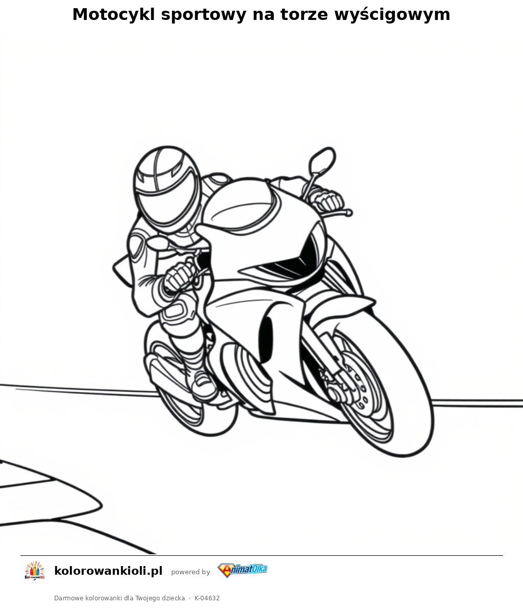 Motocykl sportowy na torze wyścigowym — kolorowanka do wydruku dla dzieci