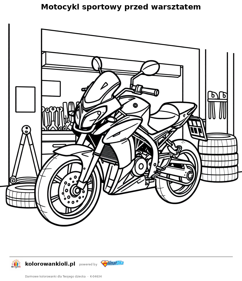 Motocykl sportowy przed warsztatem — kolorowanka do wydruku dla dzieci