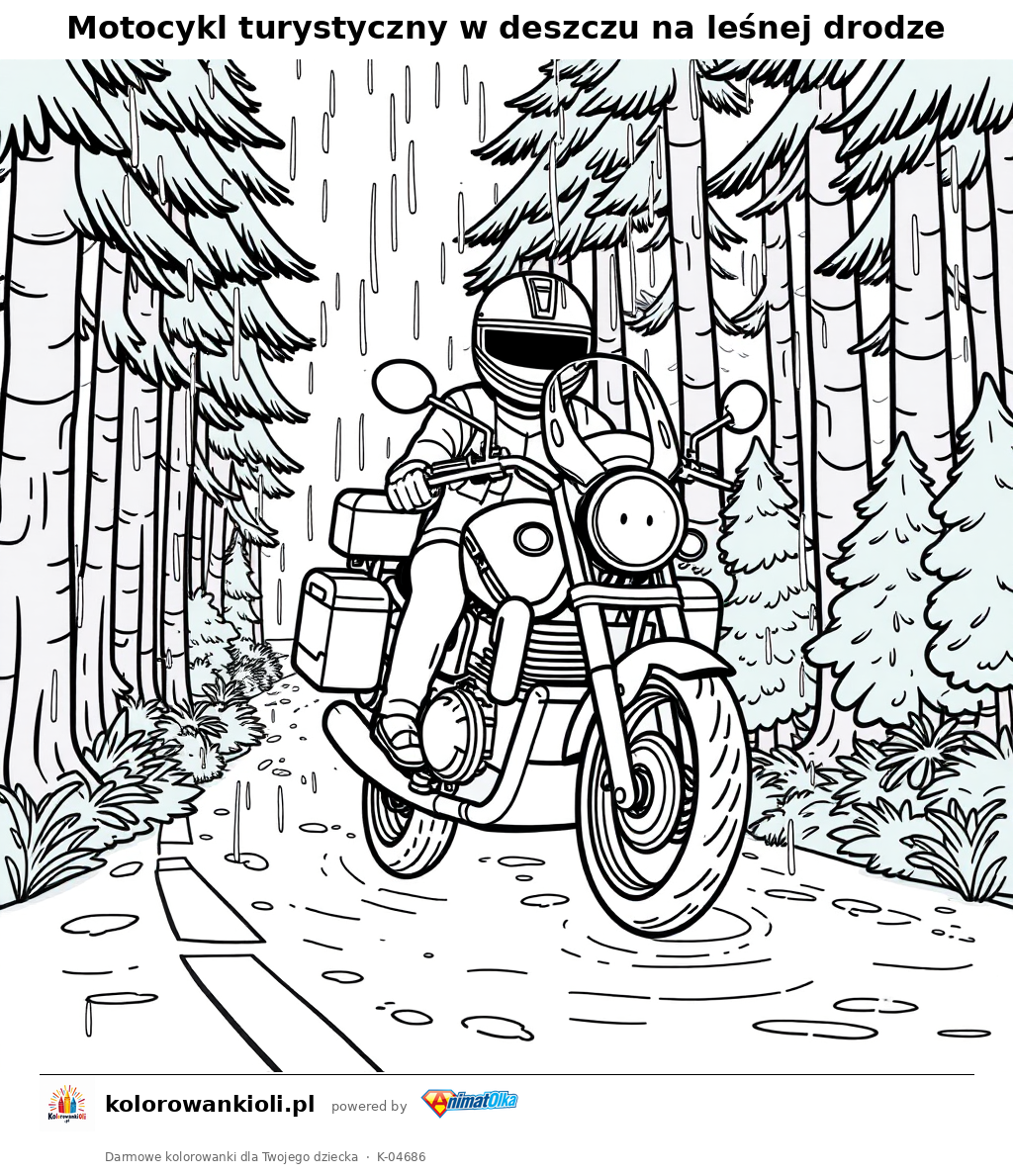 Motocykl turystyczny w deszczu na leśnej drodze — kolorowanka do wydruku dla dzieci