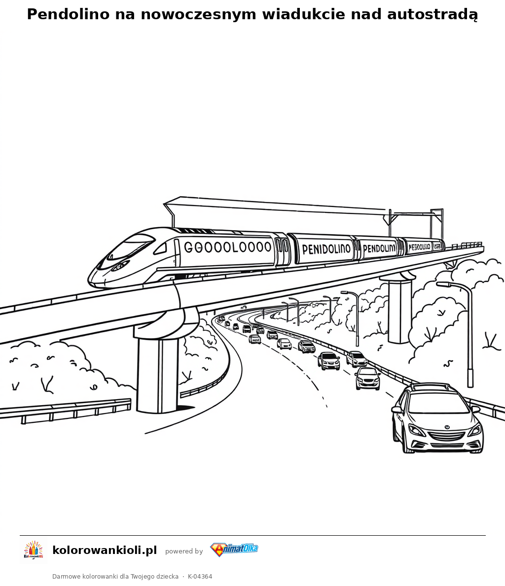 Pendolino na nowoczesnym wiadukcie nad autostradą — kolorowanka do wydruku dla dzieci