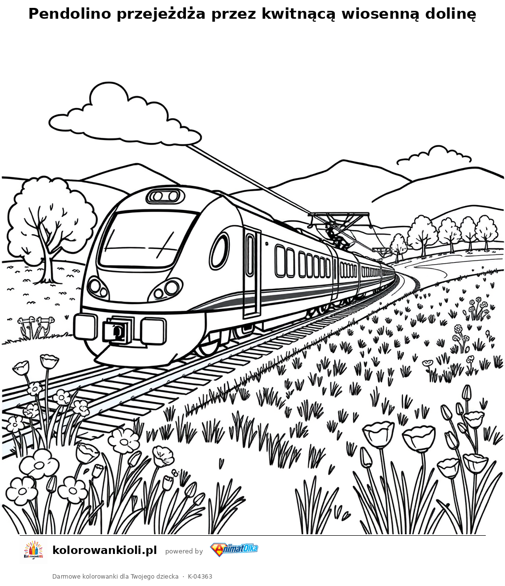 Pendolino przejeżdża przez kwitnącą wiosenną dolinę — kolorowanka do wydruku dla dzieci