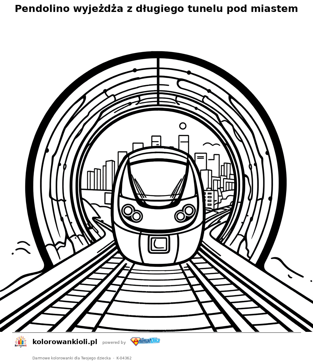 Pendolino wyjeżdża z długiego tunelu pod miastem — kolorowanka do wydruku dla dzieci