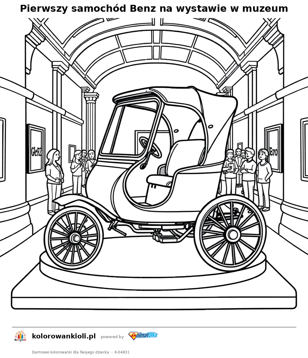 Pierwszy samochód Benz na wystawie w muzeum — kolorowanka do wydruku dla dzieci