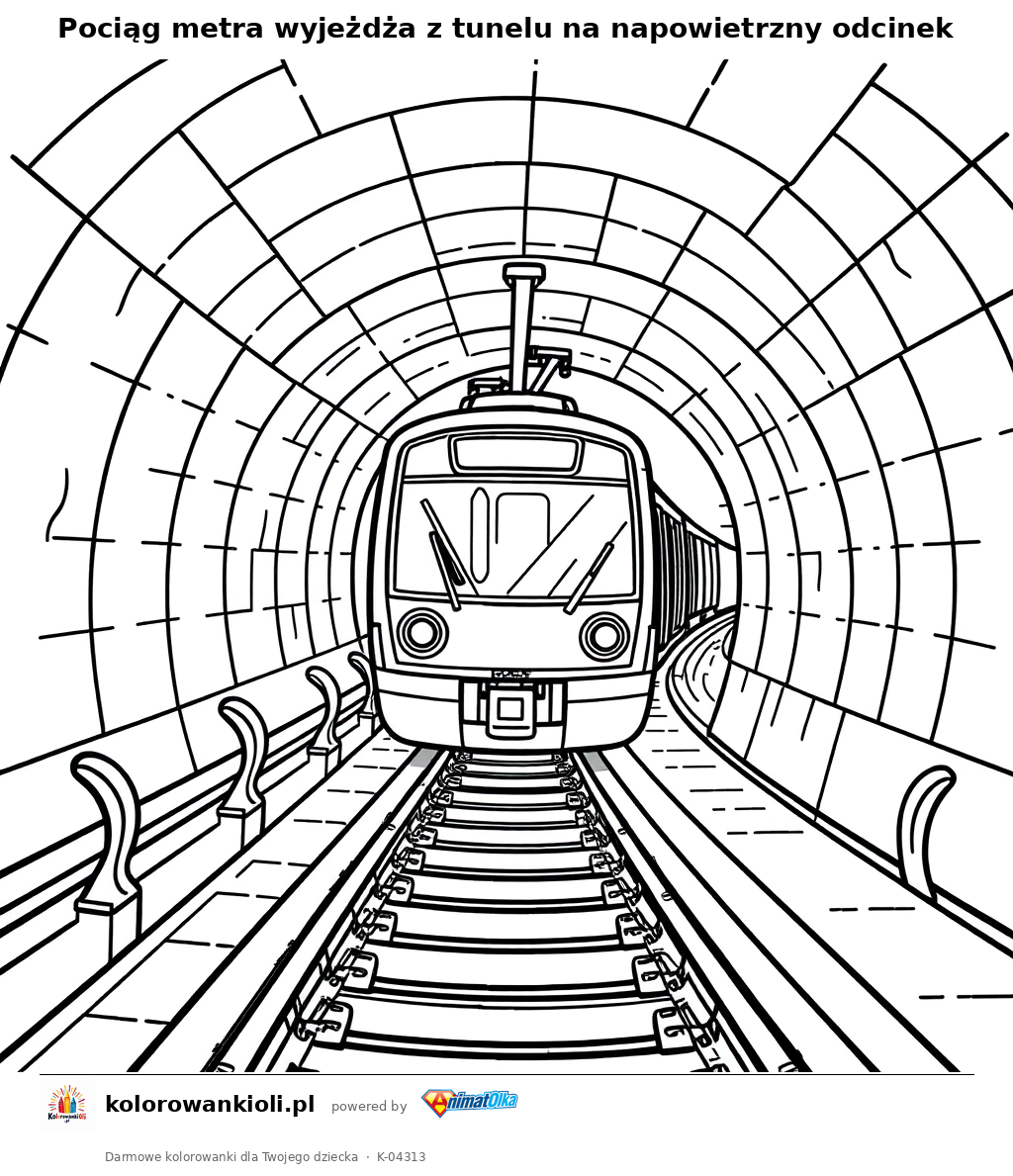 Pociąg metra wyjeżdża z tunelu na napowietrzny odcinek — kolorowanka do wydruku dla dzieci