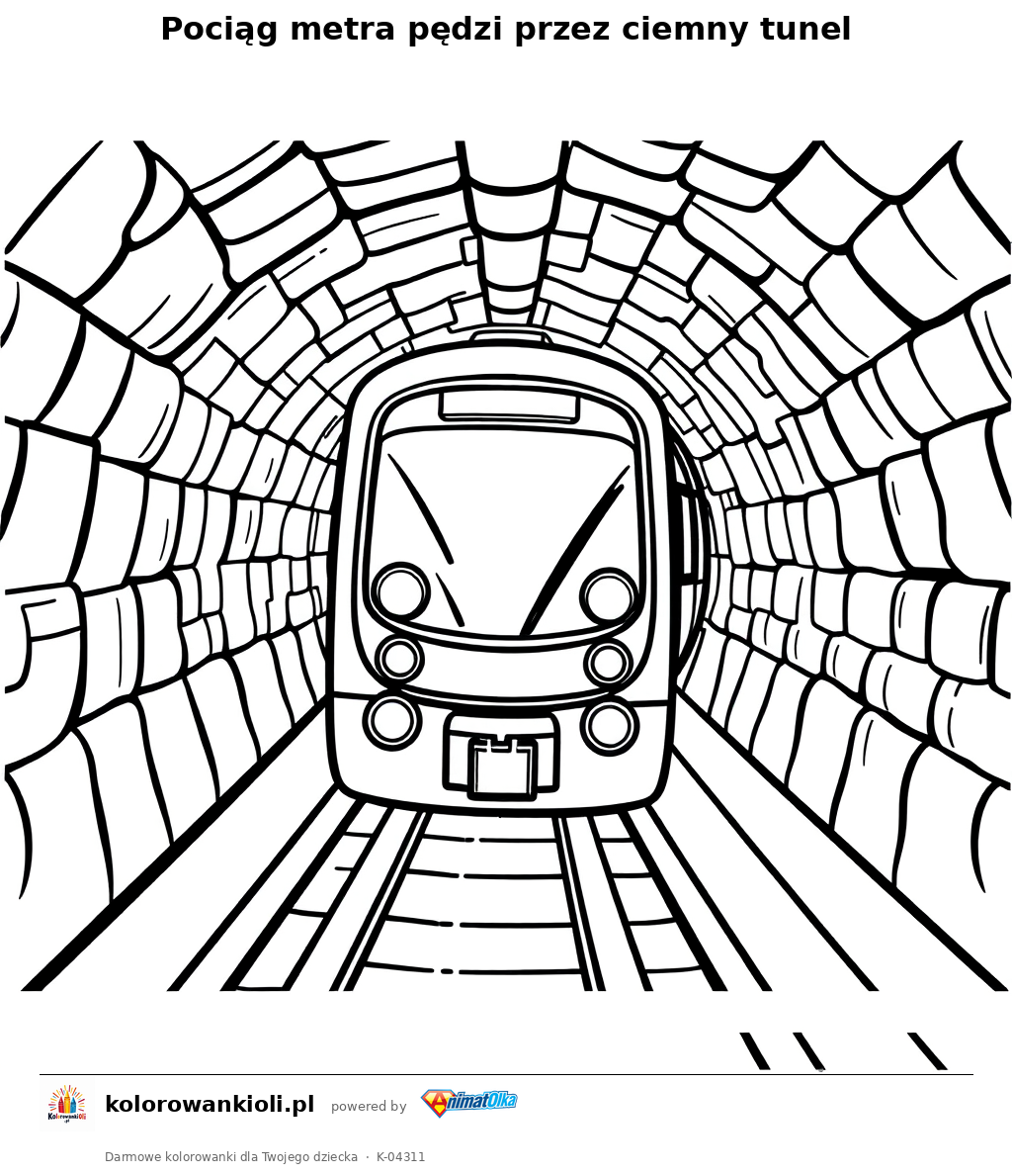 Pociąg metra pędzi przez ciemny tunel — kolorowanka do wydruku dla dzieci