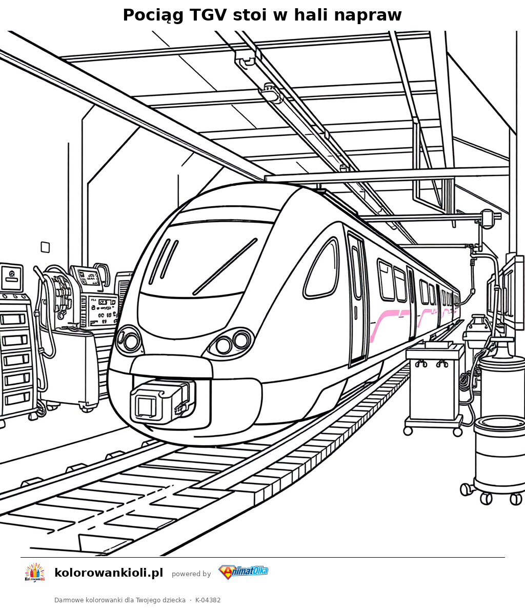Pociąg TGV stoi w hali napraw — kolorowanka do wydruku dla dzieci