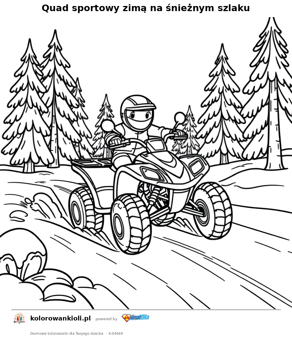 Quad sportowy zimą na śnieżnym szlaku — kolorowanka do wydruku dla dzieci