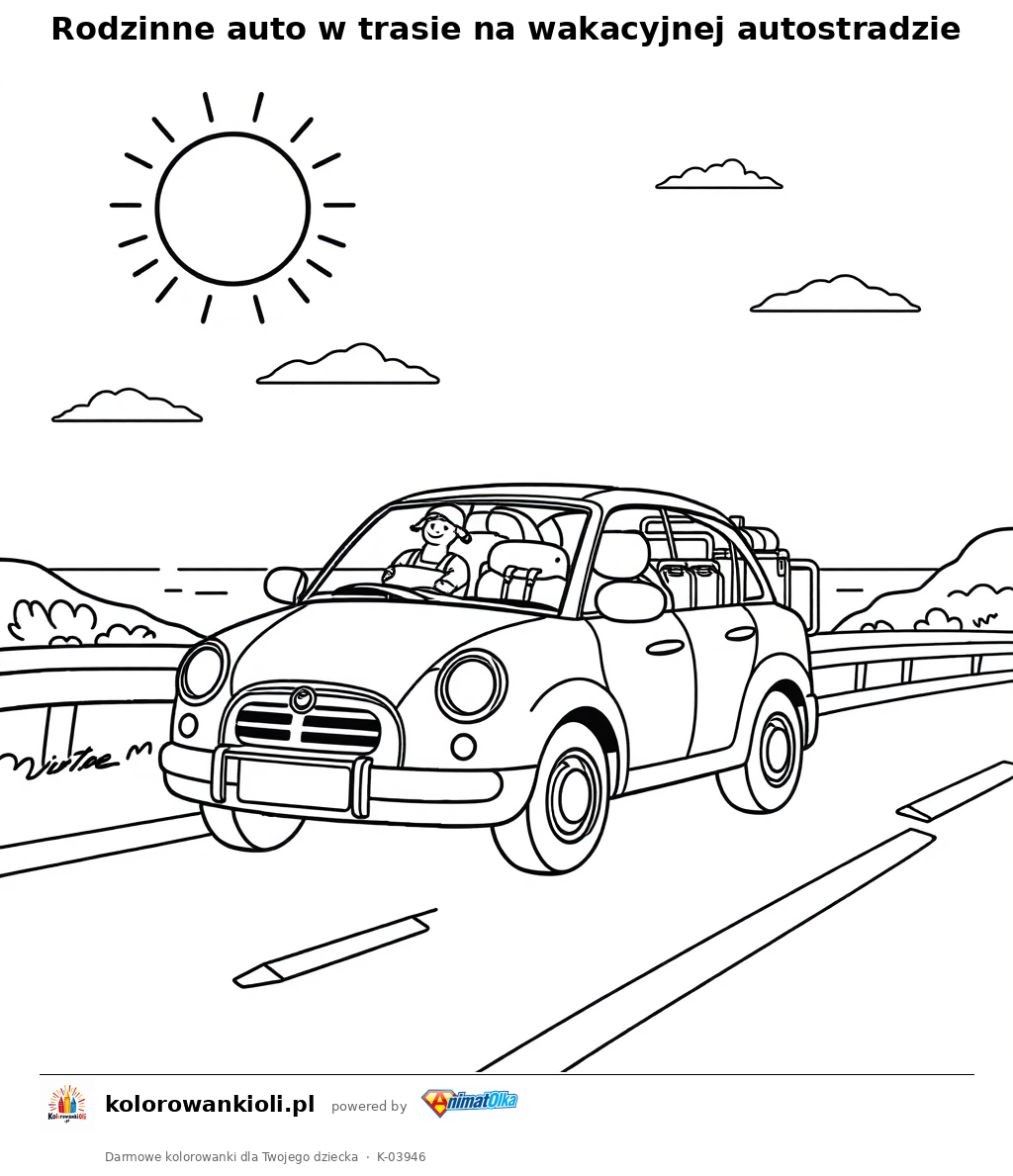 Rodzinne auto w trasie na wakacyjnej autostradzie — kolorowanka do wydruku dla dzieci