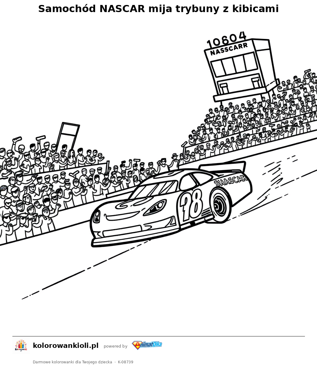 Samochód NASCAR mija trybuny z kibicami — kolorowanka do wydruku dla dzieci