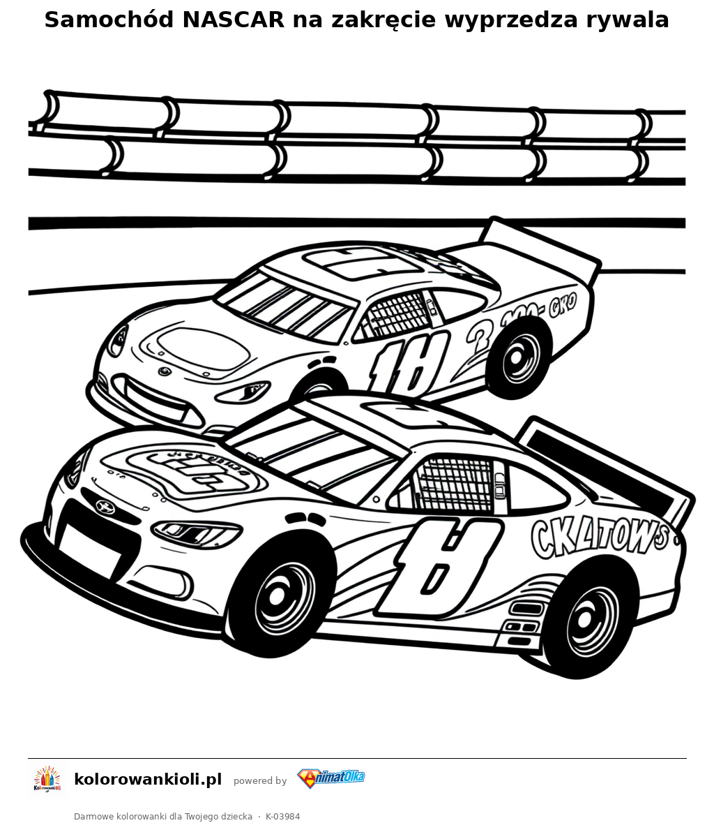 Samochód NASCAR na zakręcie wyprzedza rywala — kolorowanka do wydruku dla dzieci