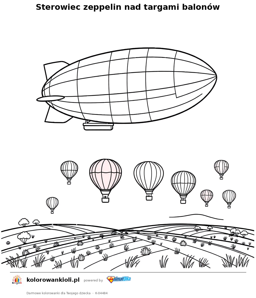 Sterowiec zeppelin nad targami balonów — kolorowanka do wydruku dla dzieci