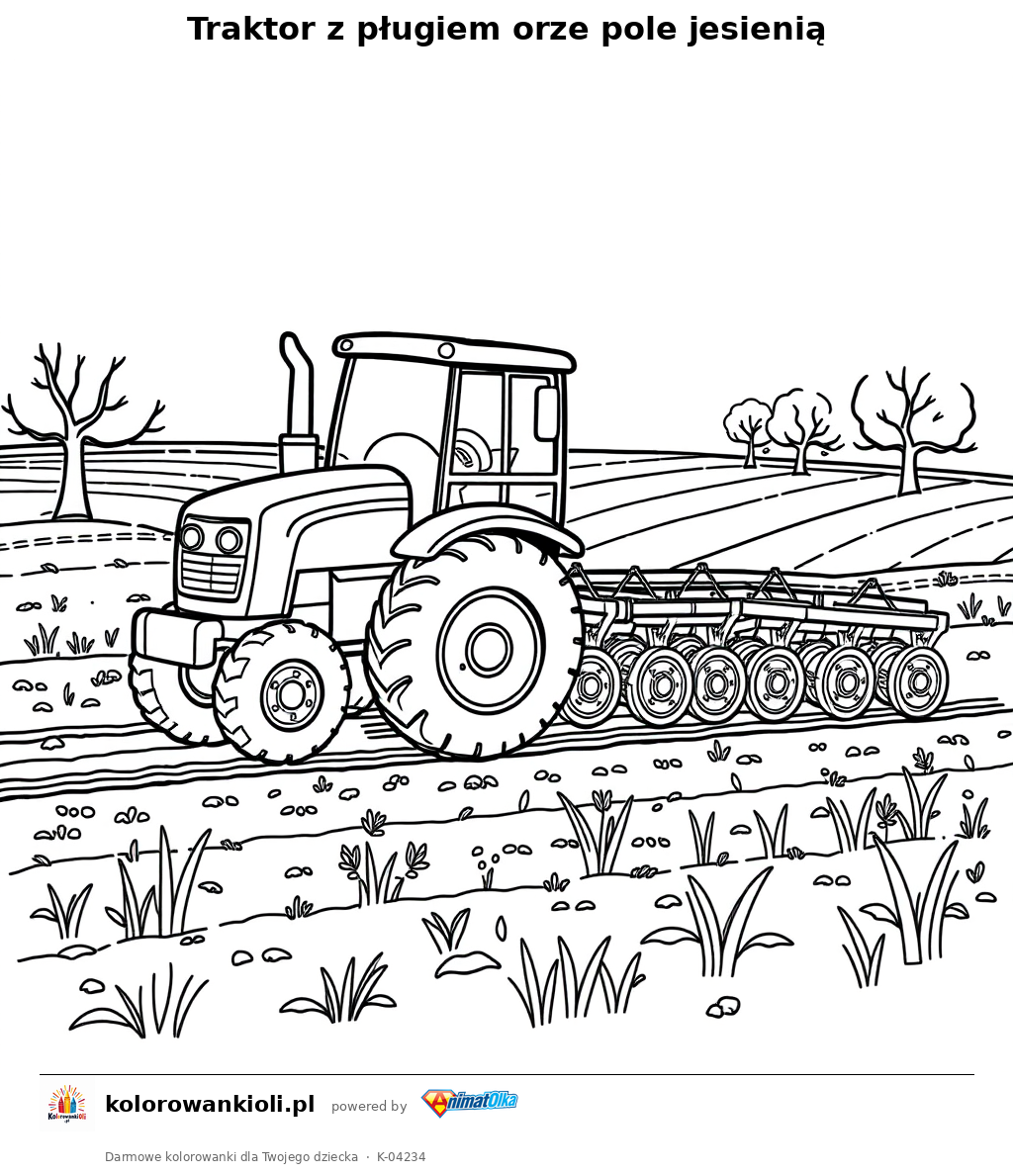 Traktor z pługiem orze pole jesienią — kolorowanka do wydruku dla dzieci