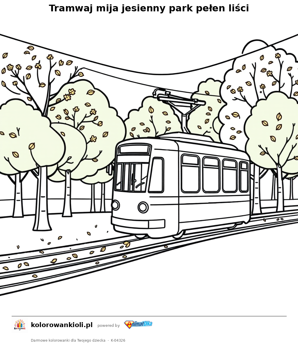 Tramwaj mija jesienny park pełen liści — kolorowanka do wydruku dla dzieci