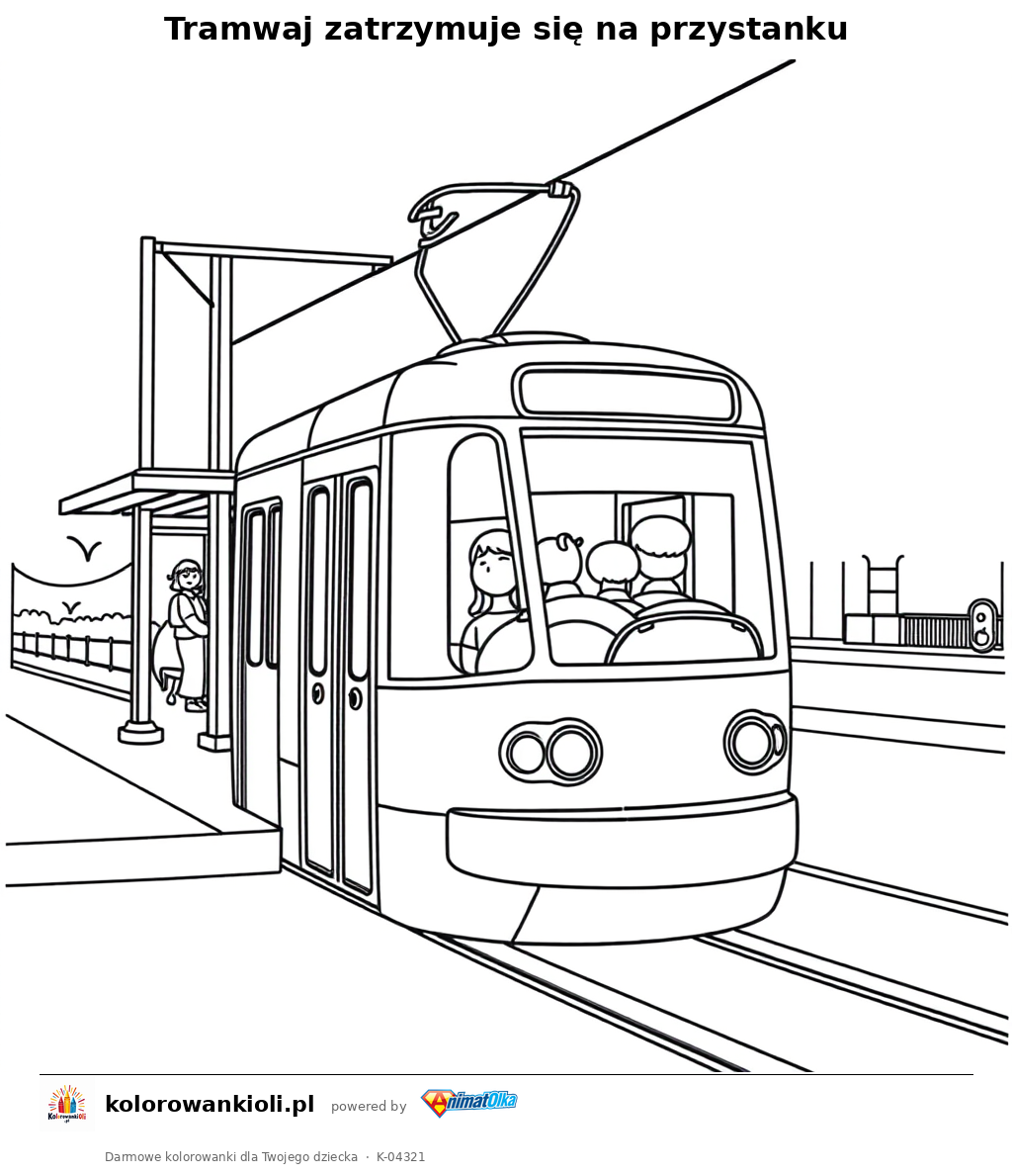 Tramwaj zatrzymuje się na przystanku — kolorowanka do wydruku dla dzieci
