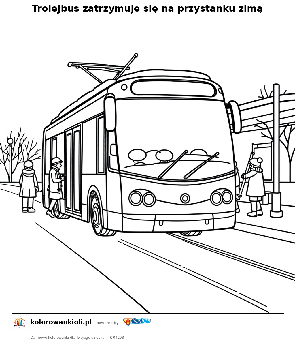 Trolejbus zatrzymuje się na przystanku zimą — kolorowanka do wydruku dla dzieci