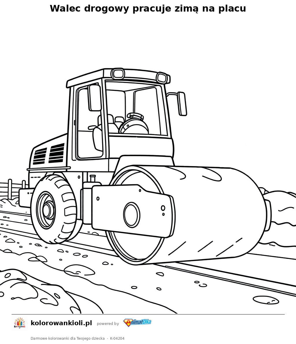 Walec drogowy pracuje zimą na placu — kolorowanka do wydruku dla dzieci