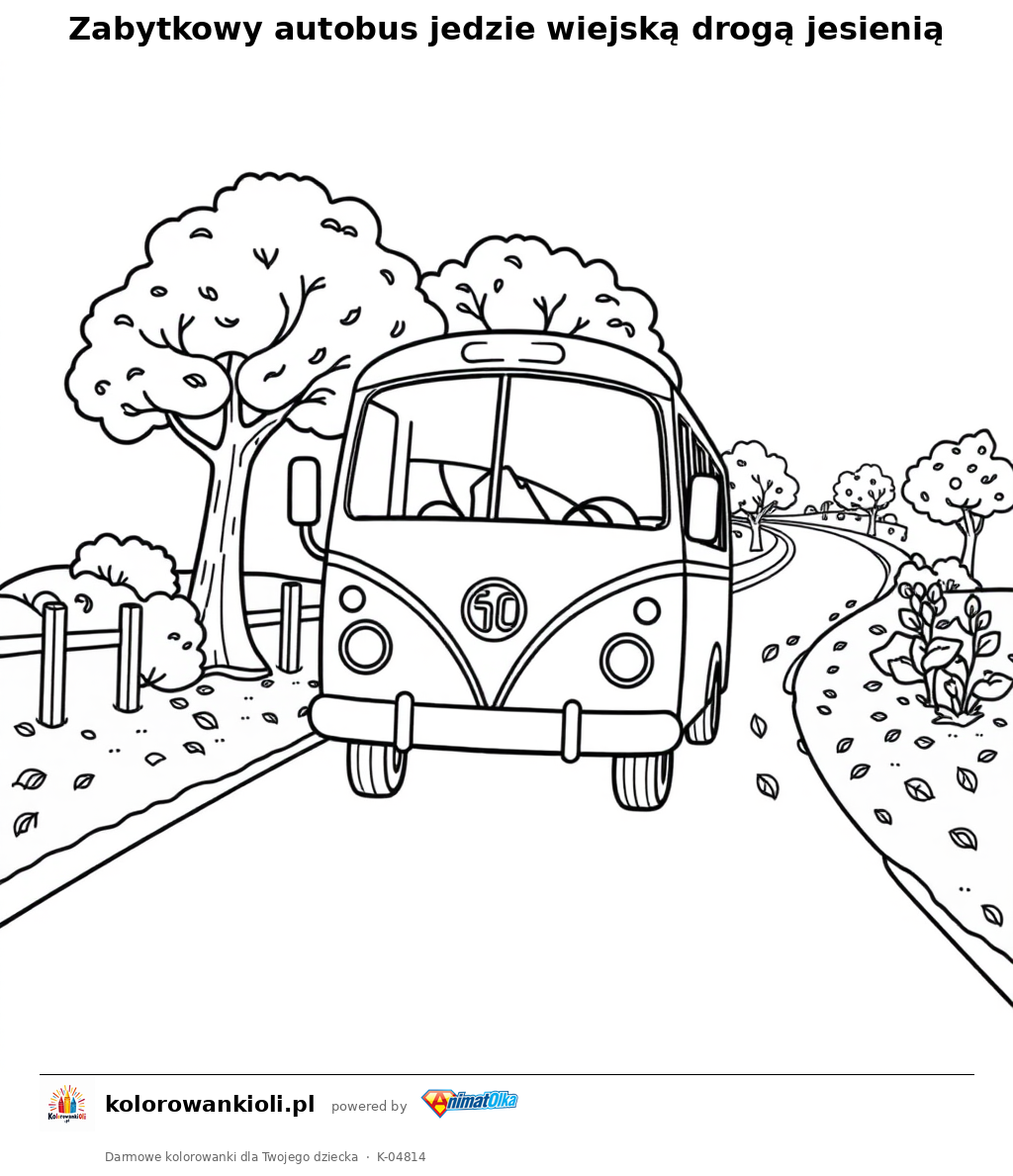Zabytkowy autobus jedzie wiejską drogą jesienią — kolorowanka do wydruku dla dzieci