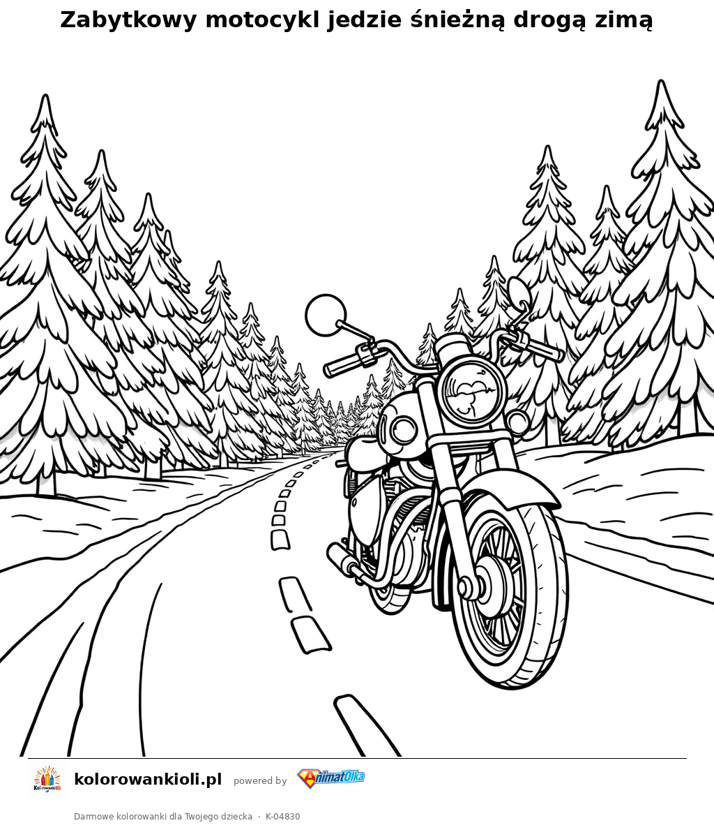 Zabytkowy motocykl jedzie śnieżną drogą zimą — kolorowanka do wydruku dla dzieci