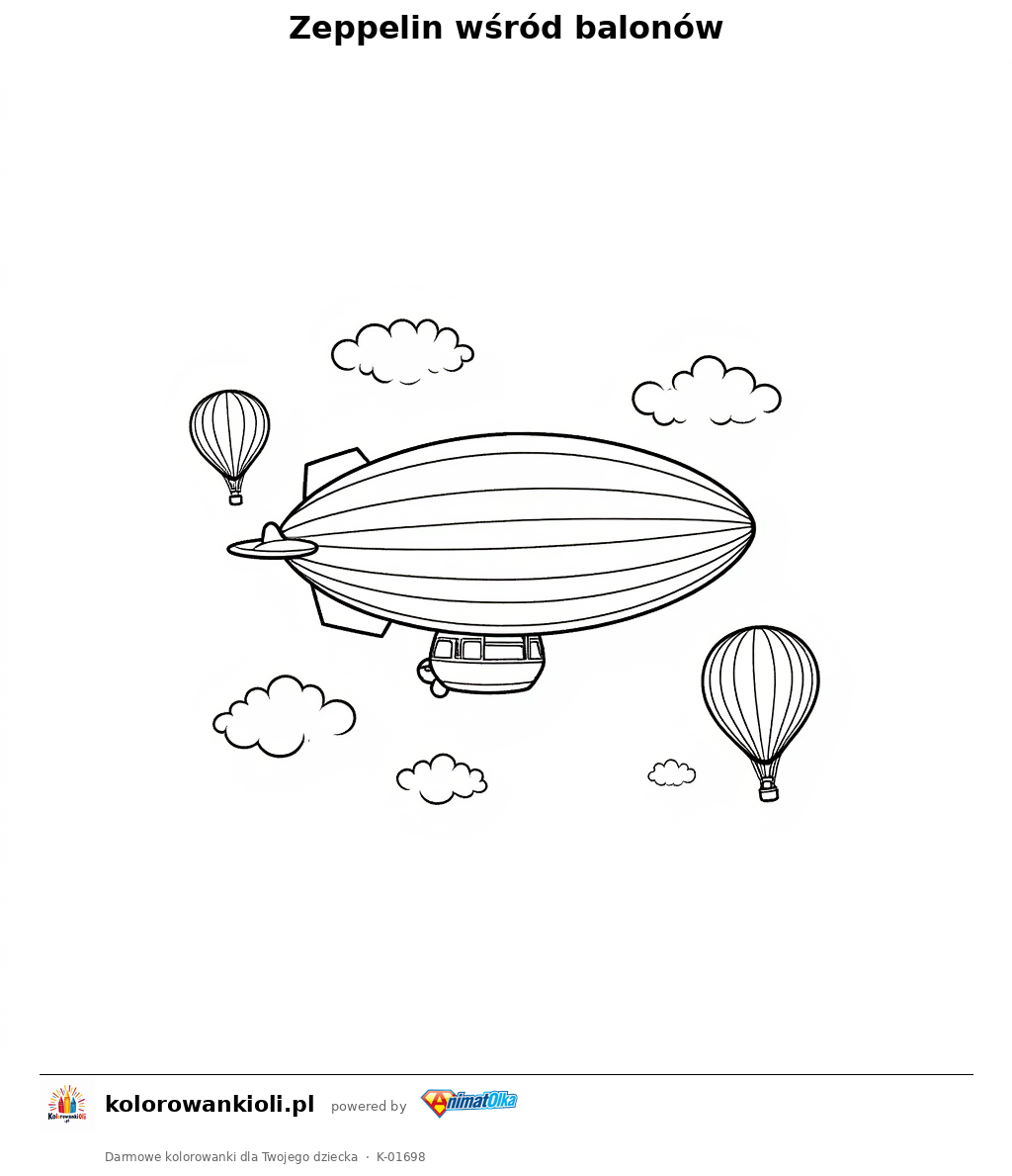Zeppelin wśród balonów — kolorowanka do wydruku dla dzieci