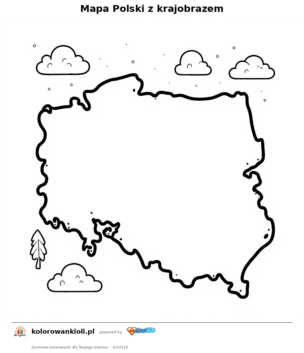 Mapa Polski z krajobrazem — kolorowanka do wydruku dla dzieci