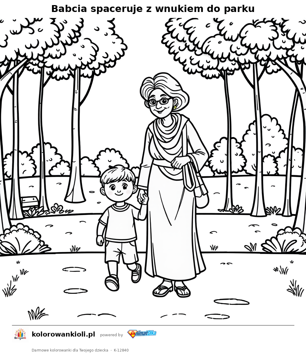 Babcia spaceruje z wnukiem do parku — kolorowanka do wydruku dla dzieci