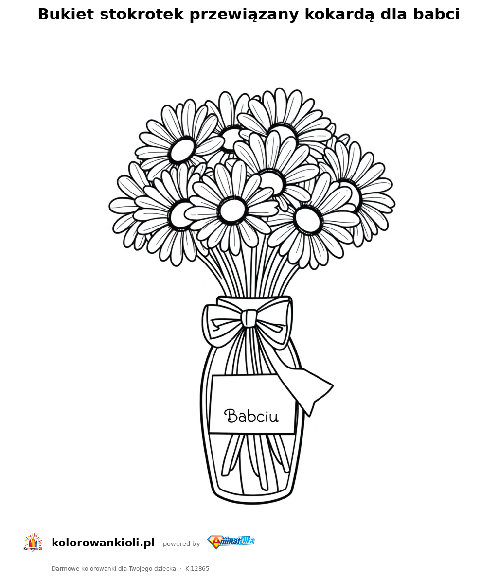Bukiet stokrotek przewiązany kokardą dla babci — kolorowanka do wydruku dla dzieci