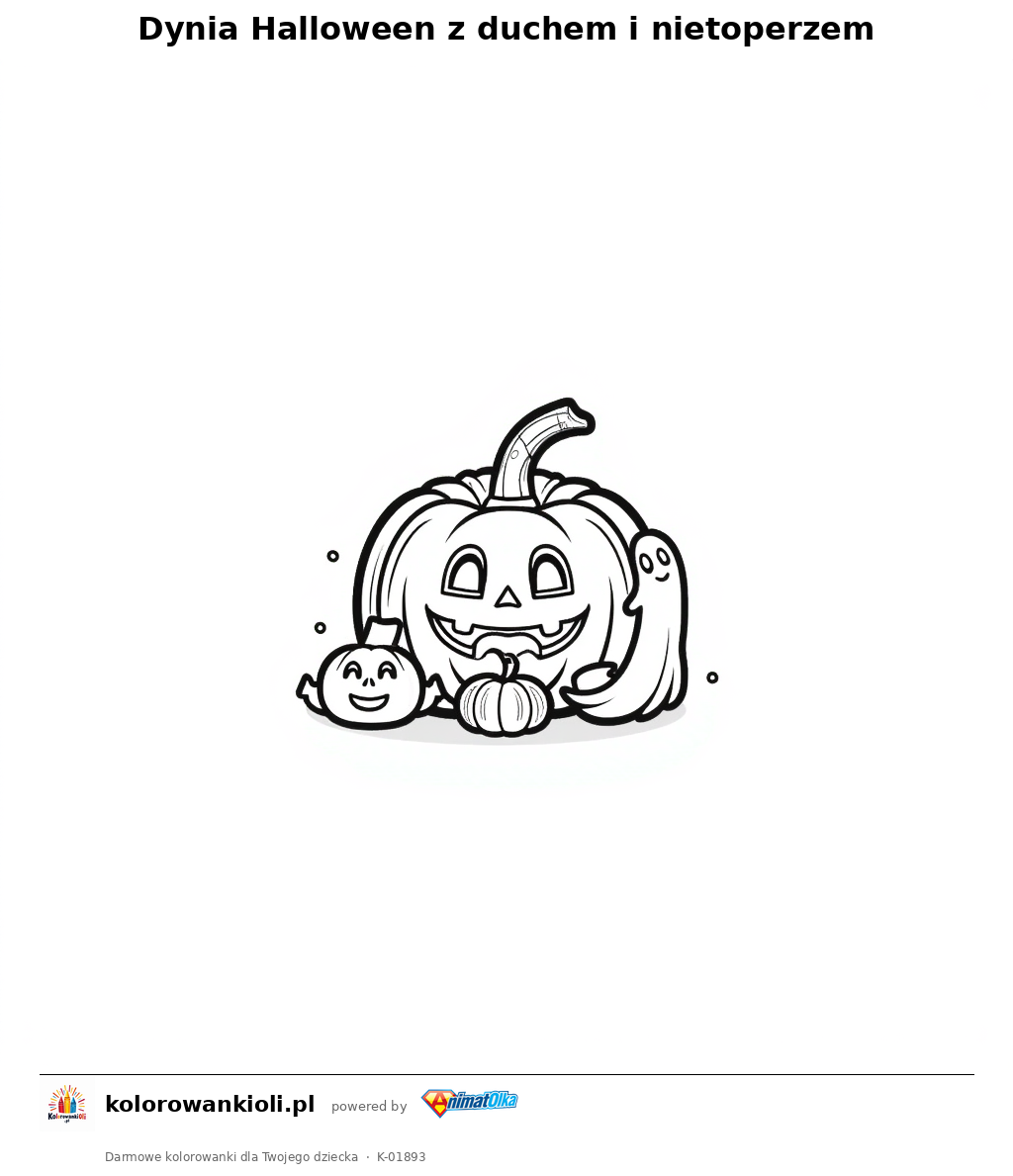 Dynia Halloween z duchem i nietoperzem — kolorowanka do wydruku dla dzieci