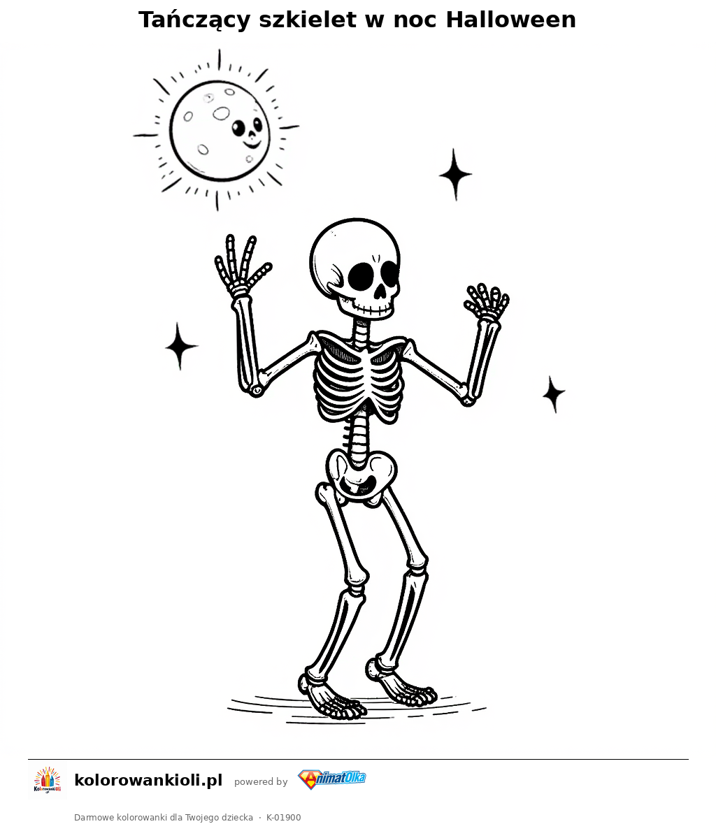 Tańczący szkielet w noc Halloween — kolorowanka do wydruku dla dzieci