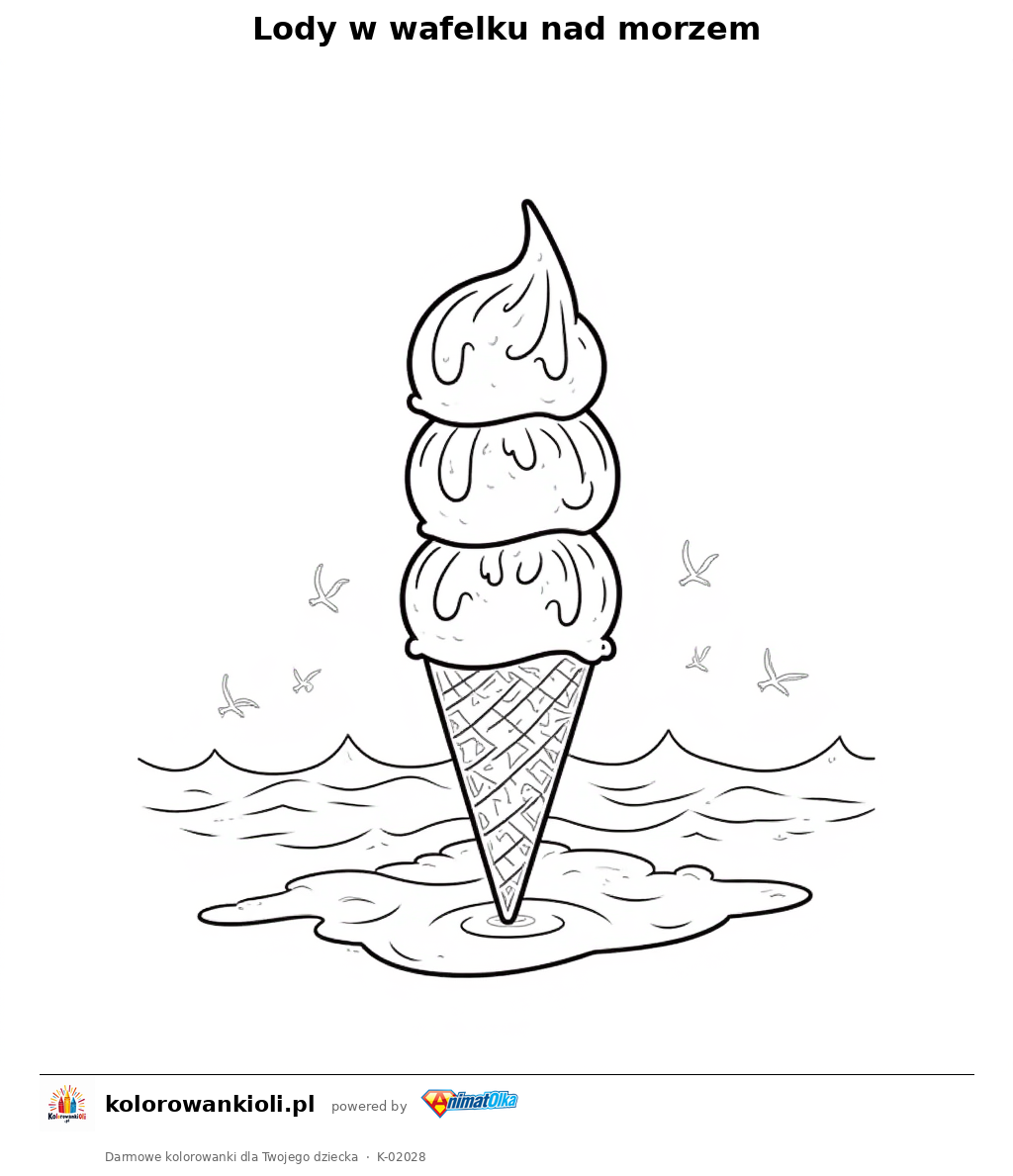 Lody w wafelku nad morzem — kolorowanka do wydruku dla dzieci