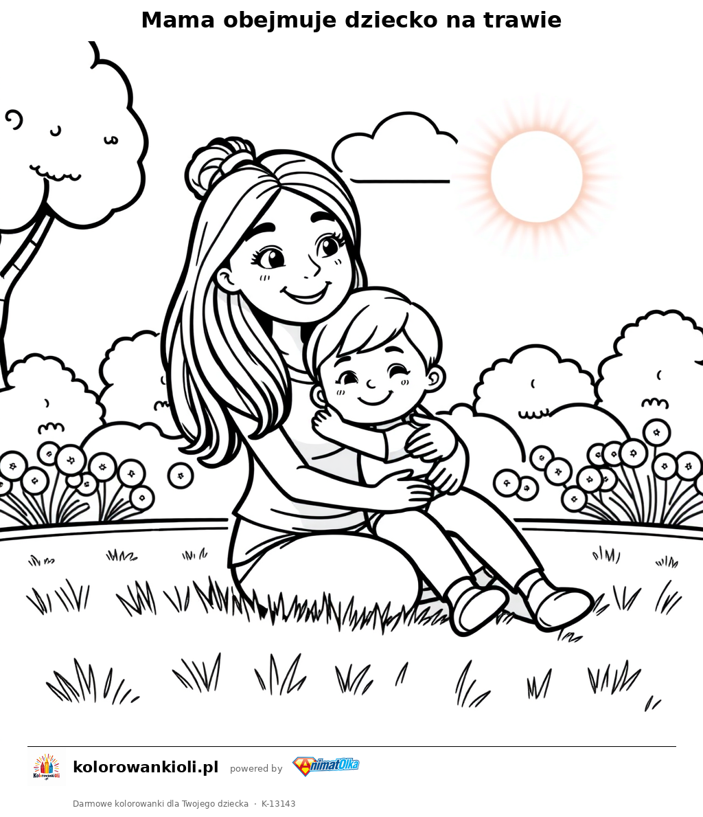Mama obejmuje dziecko na trawie — kolorowanka do wydruku dla dzieci