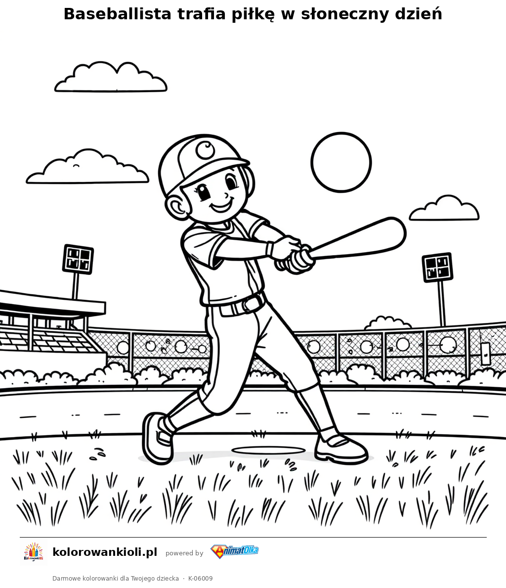 Baseballista trafia piłkę w słoneczny dzień — kolorowanka do wydruku dla dzieci