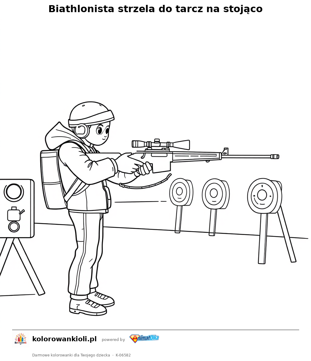 Biathlonista strzela do tarcz na stojąco — kolorowanka do wydruku dla dzieci