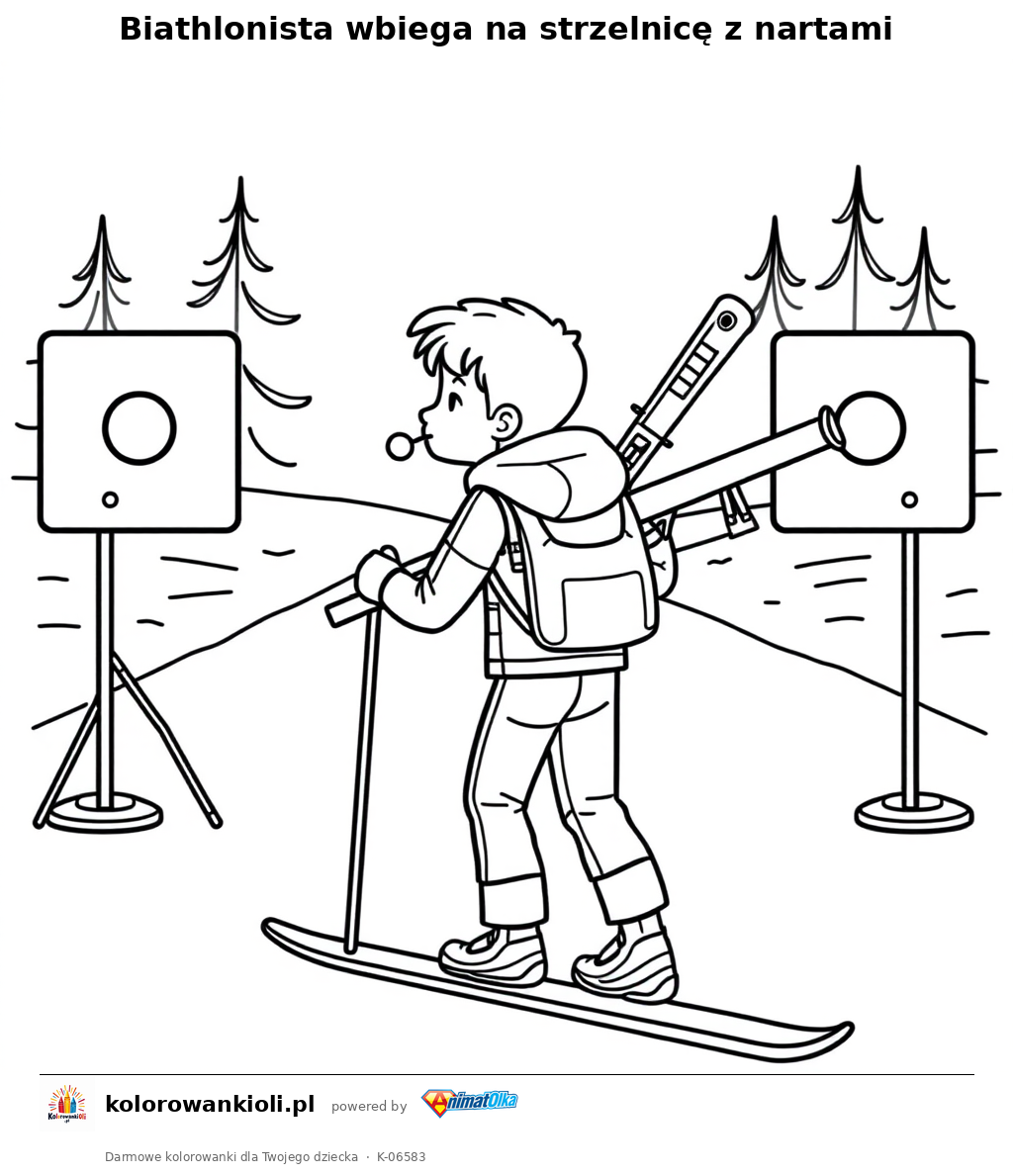 Biathlonista wbiega na strzelnicę z nartami — kolorowanka do wydruku dla dzieci