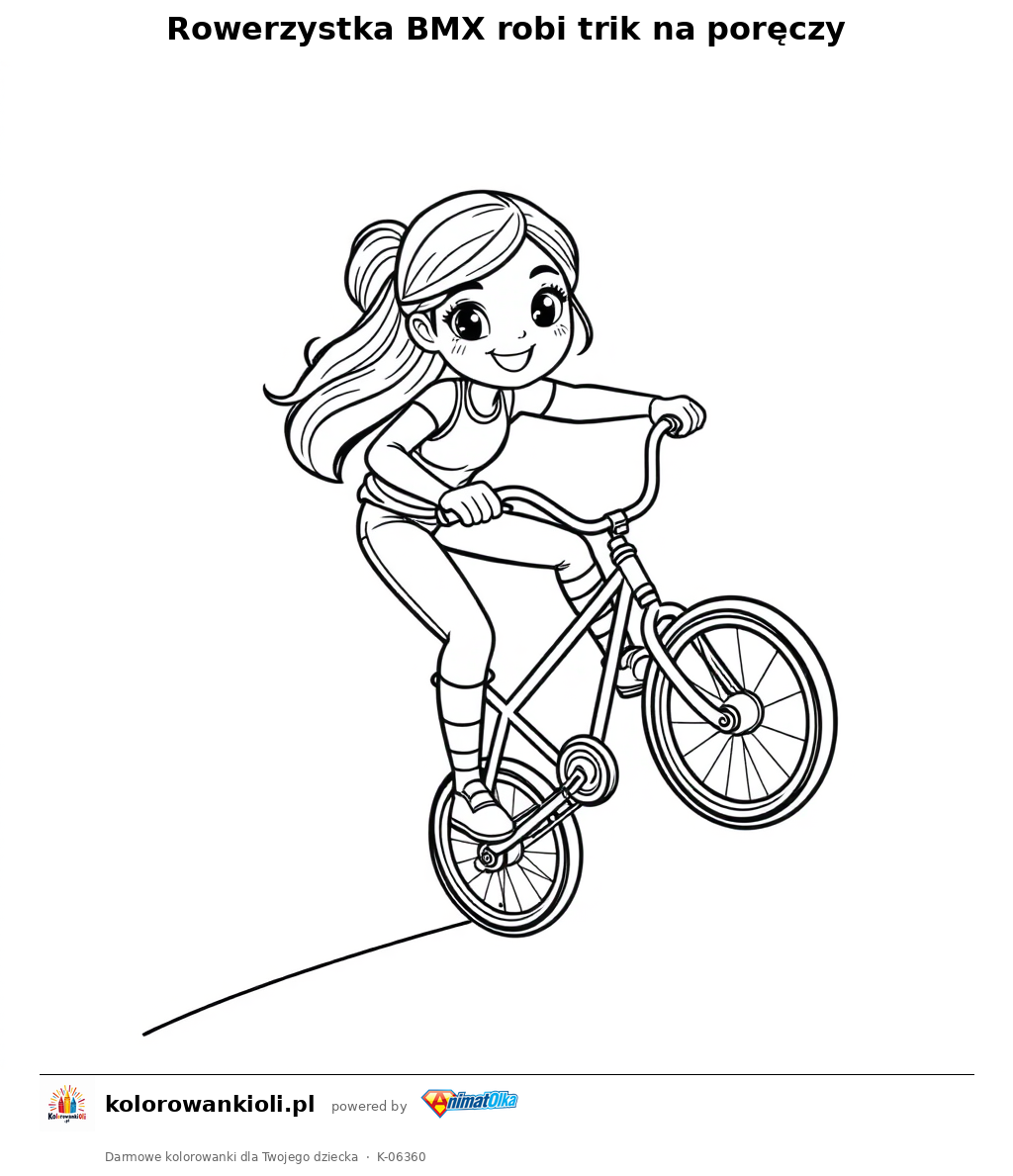 Rowerzystka BMX robi trik na poręczy — kolorowanka do wydruku dla dzieci